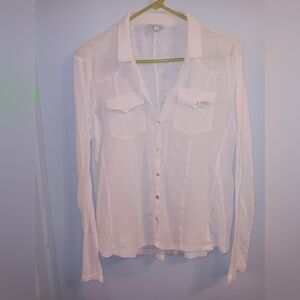 Lucky Brand Sheer Long Sleeve White Textured Button Down Blouse Large